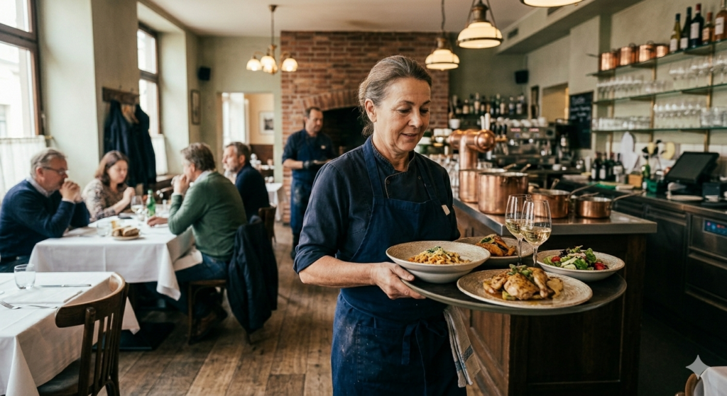 Weibliche Kellnerin mit drei Tellern in der Hand