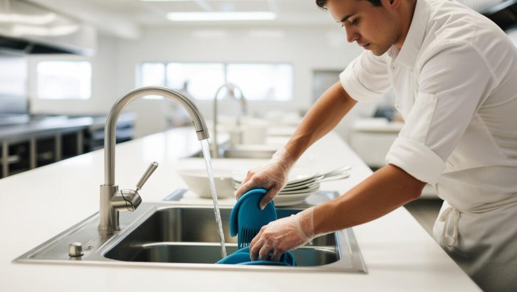 Mann wäscht Küchenutensilien in einem Waschbecken einer Restaurantküche