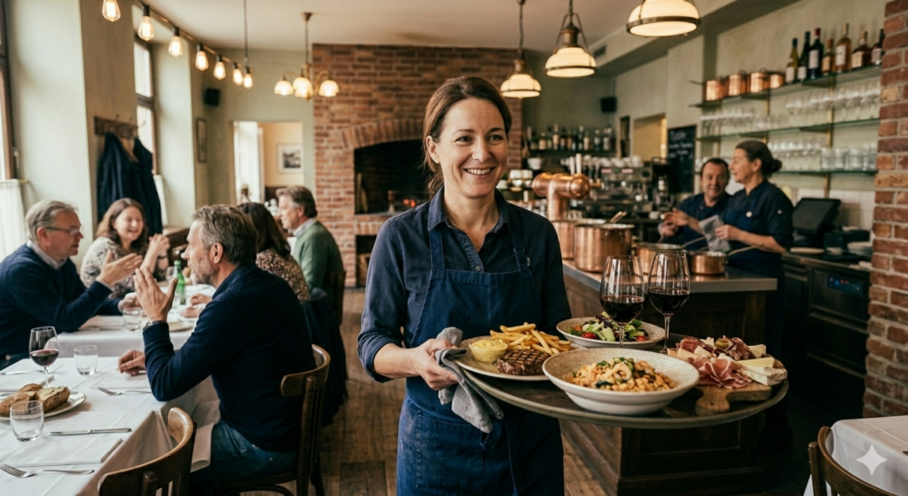 Kellnerin mit einem Tablett Essen in der Hand