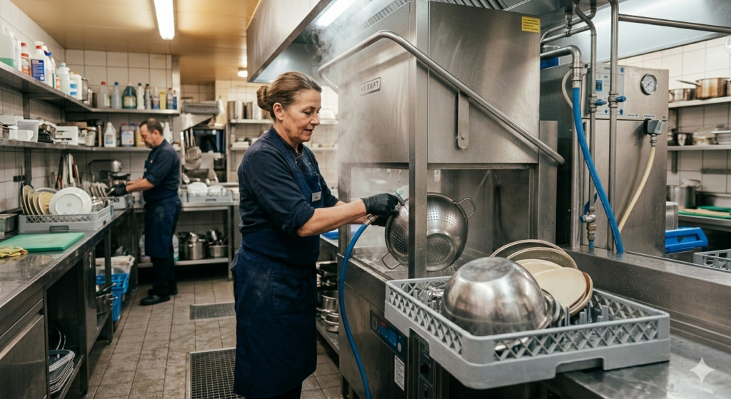 Frau, die an einer industriellen Spülmaschine steht
