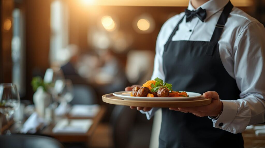 Männliche Servicekraft ohne erkennbares Gesicht, die einen Teller trägt