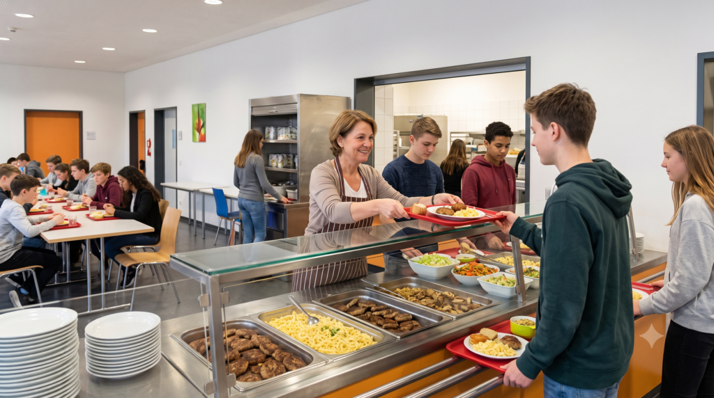 Mutter, die in der Essensausgabe einer Schule arbeitet und einem Jungen ein Tablett in die Hand gibt